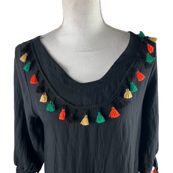 a Shappe Black Boho Tunic Top Blouse Small/Medium Tassels Green Yellow Orange - Picture 4 of 9